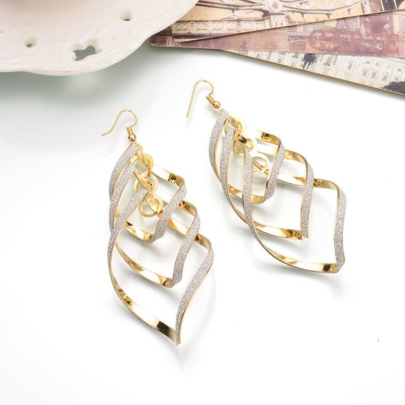 Metal Layered Swirling Geometric Earrings Long Pendant Hook Earrings