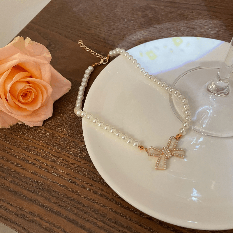 Pearl Bow Necklace Antique Clavicle Chain Sweet Retro Necklace