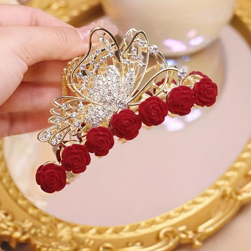 Red Rose Diamond Hair Accessory with Tassel Clip