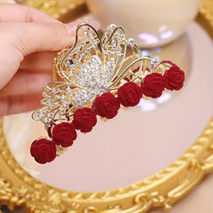 Red Rose Diamond Hair Accessory with Tassel Clip