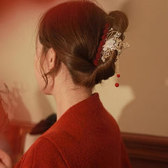 Red Rose Diamond Hair Accessory with Tassel Clip
