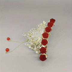 Red Rose Diamond Hair Accessory with Tassel Clip