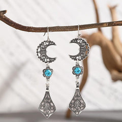 Vintage Flower Stone Embellished Star Moon Shape Earrings