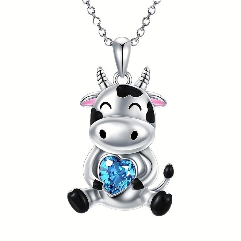 Pretty Heart Gem Necklace Small Cow Gemstone Pendant Charm Jewelry