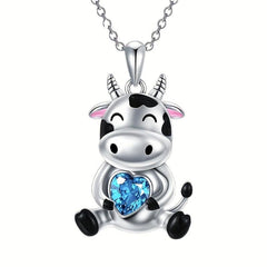 Pretty Heart Gem Necklace Small Cow Gemstone Pendant Charm Jewelry