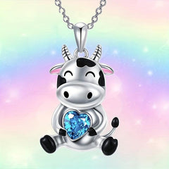 Pretty Heart Gem Necklace Small Cow Gemstone Pendant Charm Jewelry