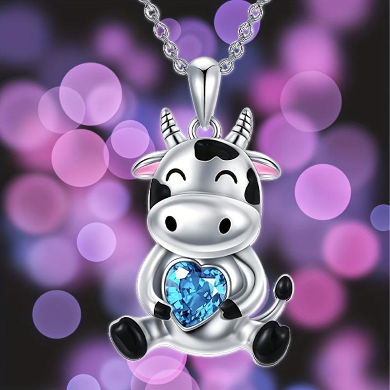 Pretty Heart Gem Necklace Small Cow Gemstone Pendant Charm Jewelry
