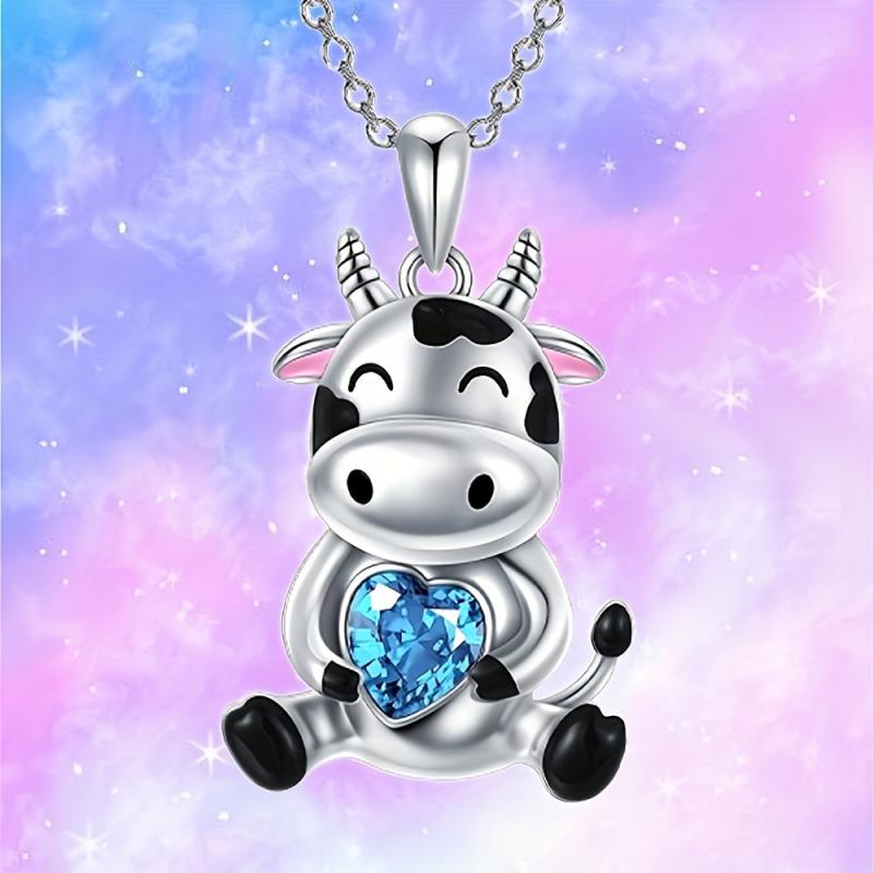 Pretty Heart Gem Necklace Small Cow Gemstone Pendant Charm Jewelry