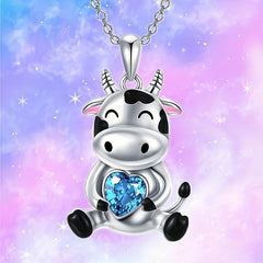 Pretty Heart Gem Necklace Small Cow Gemstone Pendant Charm Jewelry