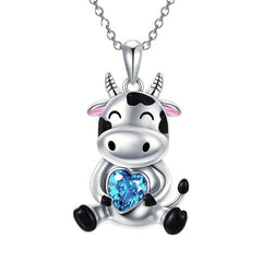 Pretty Heart Gem Necklace Small Cow Gemstone Pendant Charm Jewelry