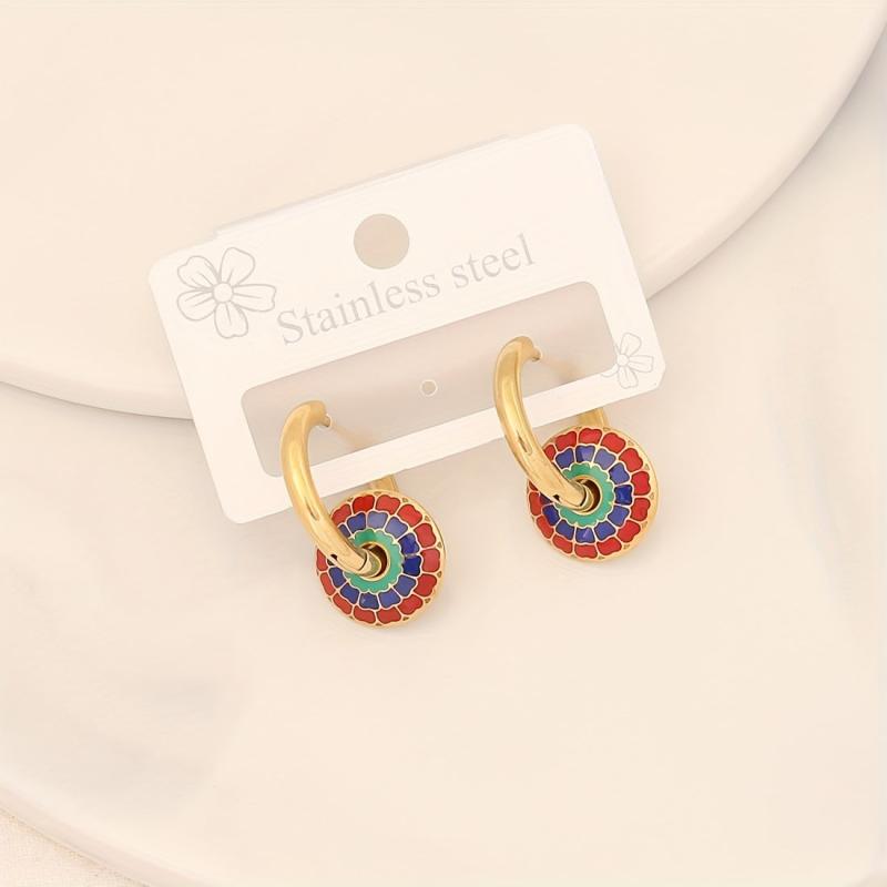 Bohemian Stainless Steel Jewelry Set - 3 Oval Gear Necklace and Earrings