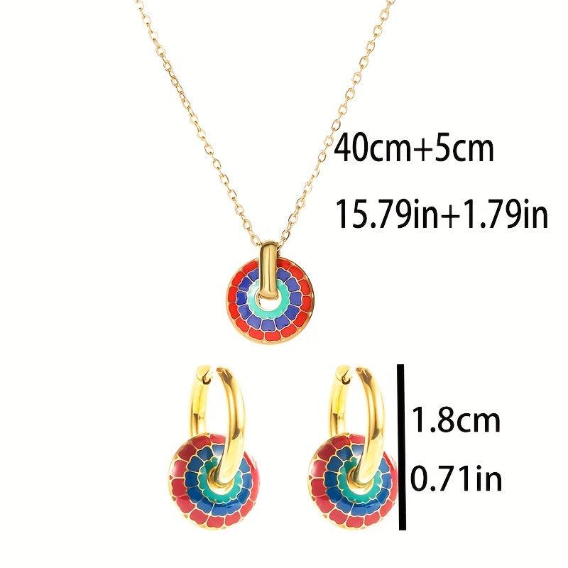 Bohemian Stainless Steel Jewelry Set - 3 Oval Gear Necklace and Earrings