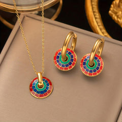 Bohemian Stainless Steel Jewelry Set - 3 Oval Gear Necklace and Earrings