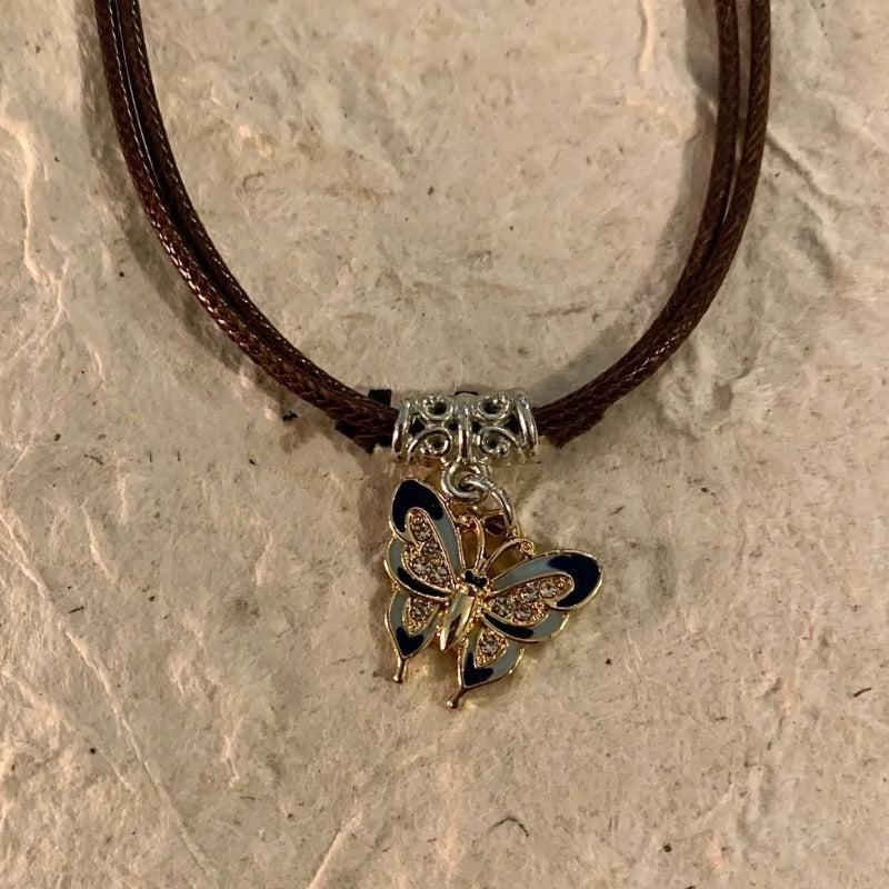 Retro Butterfly Pendant Necklace Women's High End Sense Of Leather Rope Collar