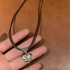 Retro Butterfly Pendant Necklace Women's High End Sense Of Leather Rope Collar