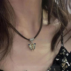Retro Butterfly Pendant Necklace Women's High End Sense Of Leather Rope Collar