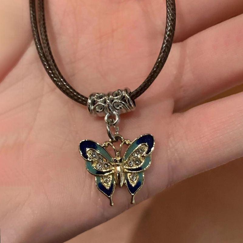 Retro Butterfly Pendant Necklace Women's High End Sense Of Leather Rope Collar