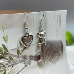 Vintage Bear Heart Asymmetrical Earrings