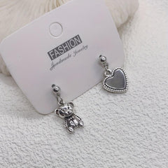 Vintage Bear Heart Asymmetrical Earrings