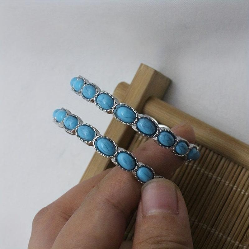 Turquoise Bohemian Hoop Earrings Silvery Plated Jewelry for Girls