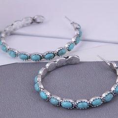Turquoise Bohemian Hoop Earrings Silvery Plated Jewelry for Girls