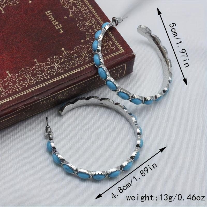 Turquoise Bohemian Hoop Earrings Silvery Plated Jewelry for Girls