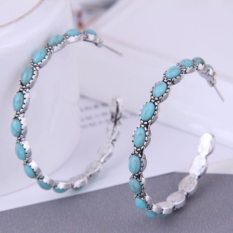 Turquoise Bohemian Hoop Earrings Silvery Plated Jewelry for Girls