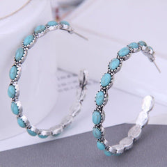 Turquoise Bohemian Hoop Earrings Silvery Plated Jewelry for Girls