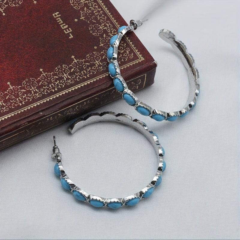 Turquoise Bohemian Hoop Earrings Silvery Plated Jewelry for Girls