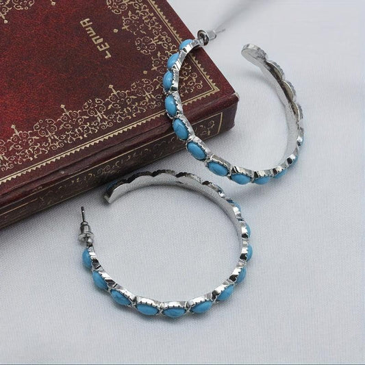 Turquoise Bohemian Hoop Earrings Silvery Plated Jewelry for Girls
