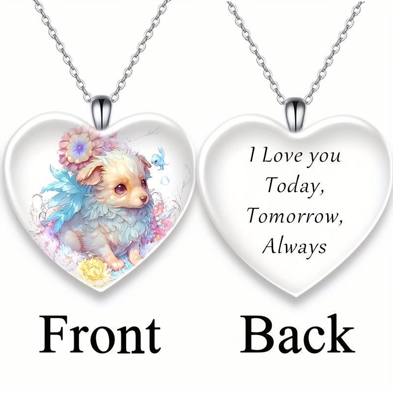 Love Puppy Print Pendant Necklace For Kids Daughters Anniversary Christmas Gift