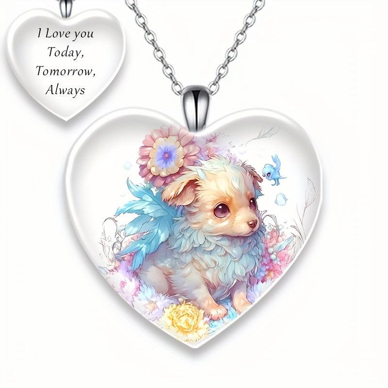 Love Puppy Print Pendant Necklace For Kids Daughters Anniversary Christmas Gift