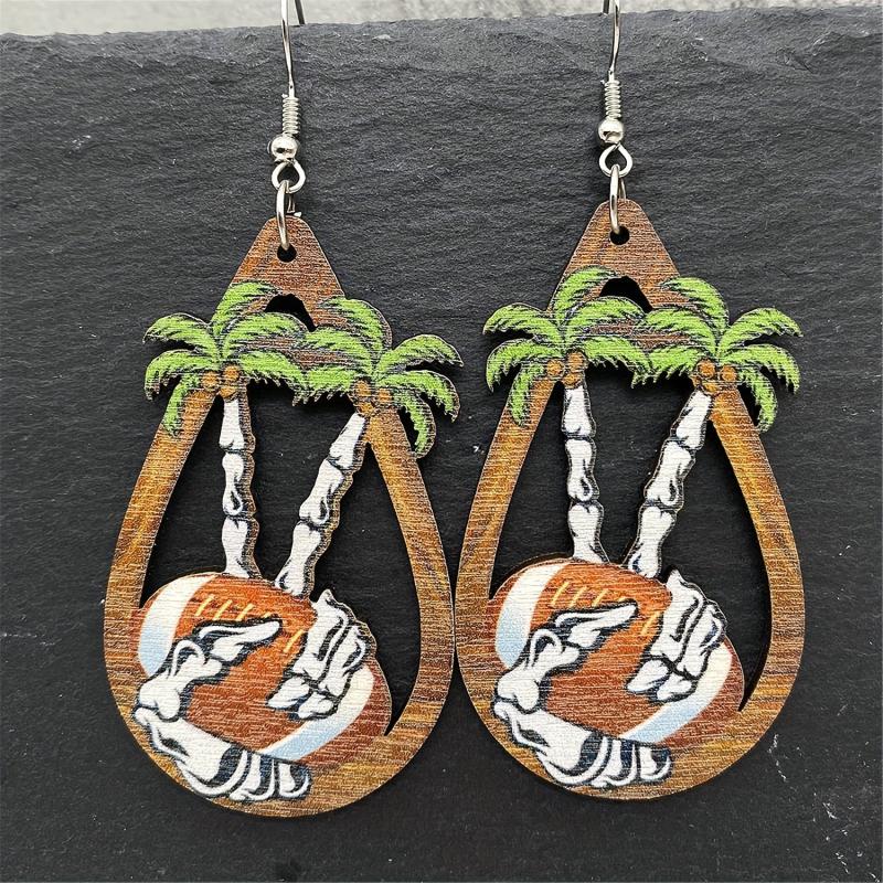 Western Cactus Dot Dangle Earrings Bohemian Style Wood Tear Drop Cowgirl Gift