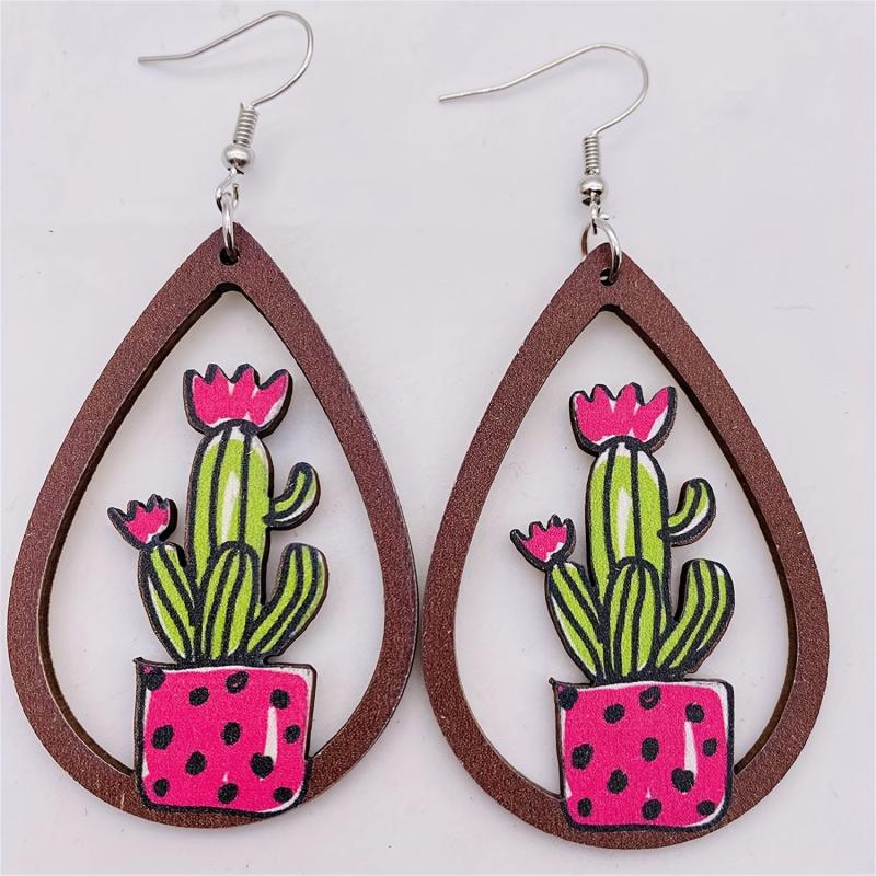 Western Cactus Dot Dangle Earrings Bohemian Style Wood Tear Drop Cowgirl Gift