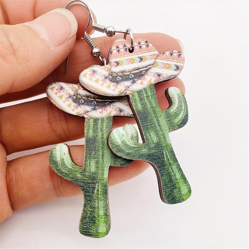 Western Cactus Dot Dangle Earrings Bohemian Style Wood Tear Drop Cowgirl Gift