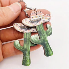 Western Cactus Dot Dangle Earrings Bohemian Style Wood Tear Drop Cowgirl Gift