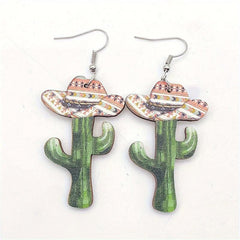 Western Cactus Dot Dangle Earrings Bohemian Style Wood Tear Drop Cowgirl Gift