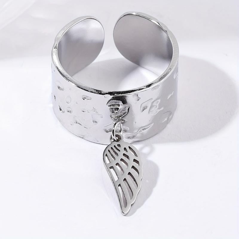 Steel Rough Pattern Ring with Angel's Wings Pendant Stainless Steel Open Ring
