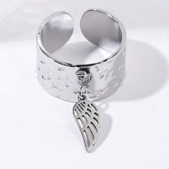 Steel Rough Pattern Ring with Angel's Wings Pendant Stainless Steel Open Ring