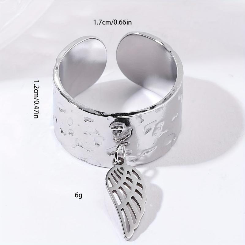 Steel Rough Pattern Ring with Angel's Wings Pendant Stainless Steel Open Ring