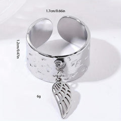 Steel Rough Pattern Ring with Angel's Wings Pendant Stainless Steel Open Ring