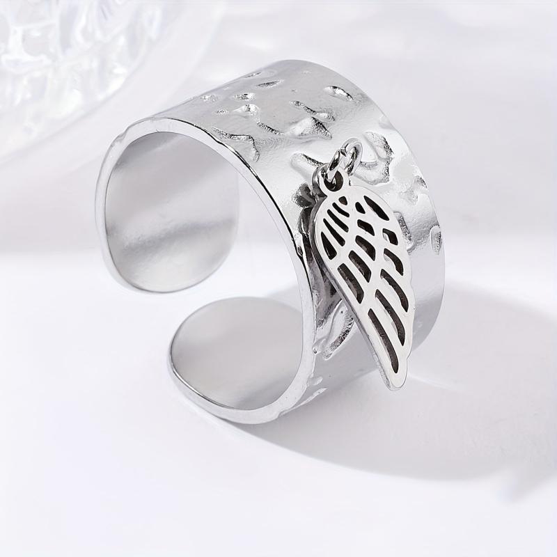 Steel Rough Pattern Ring with Angel's Wings Pendant Stainless Steel Open Ring