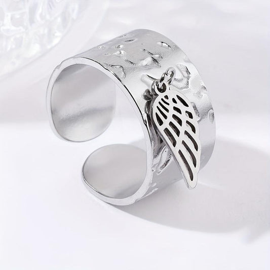 Steel Rough Pattern Ring with Angel's Wings Pendant Stainless Steel Open Ring