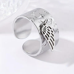 Steel Rough Pattern Ring with Angel's Wings Pendant Stainless Steel Open Ring