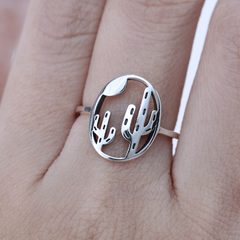 Silver Plated Cactus Moon Ring Women Girls Jewelry Gift
