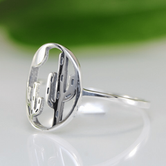 Silver Plated Cactus Moon Ring Women Girls Jewelry Gift