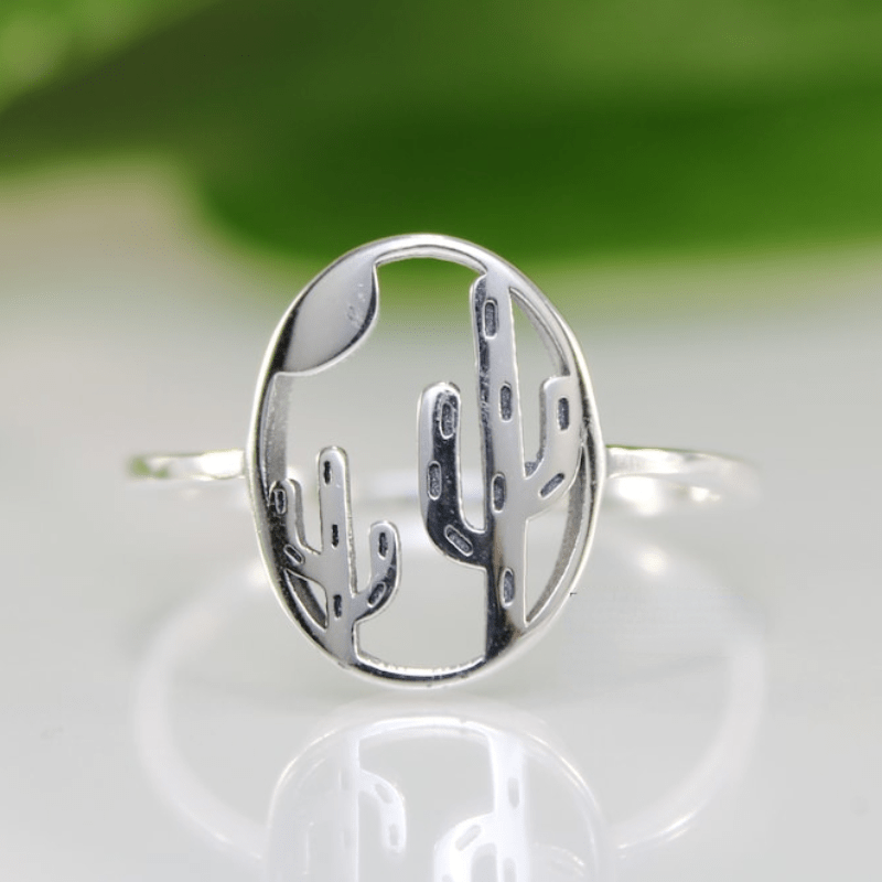 Silver Plated Cactus Moon Ring Women Girls Jewelry Gift