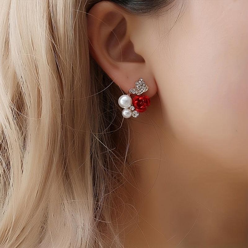 Grace Red Rose Butterfly Earrings Anti-allergic Crystal Bridal Earrings
