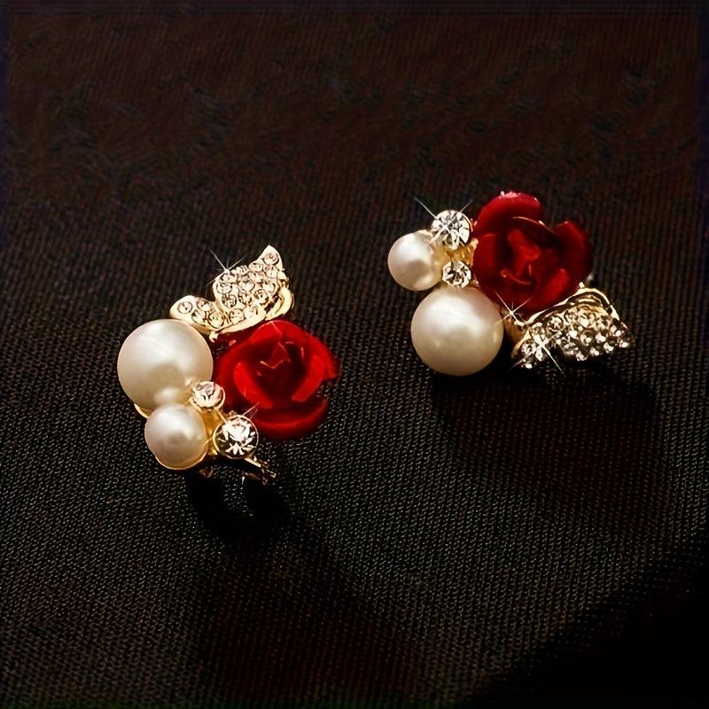 Grace Red Rose Butterfly Earrings Anti-allergic Crystal Bridal Earrings