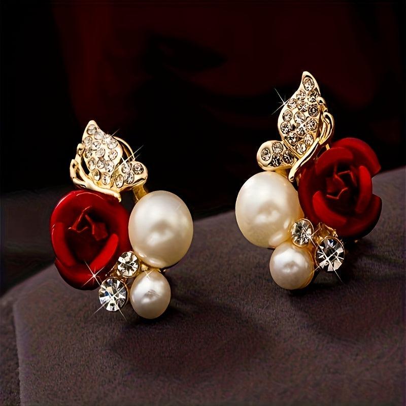 Grace Red Rose Butterfly Earrings Anti-allergic Crystal Bridal Earrings